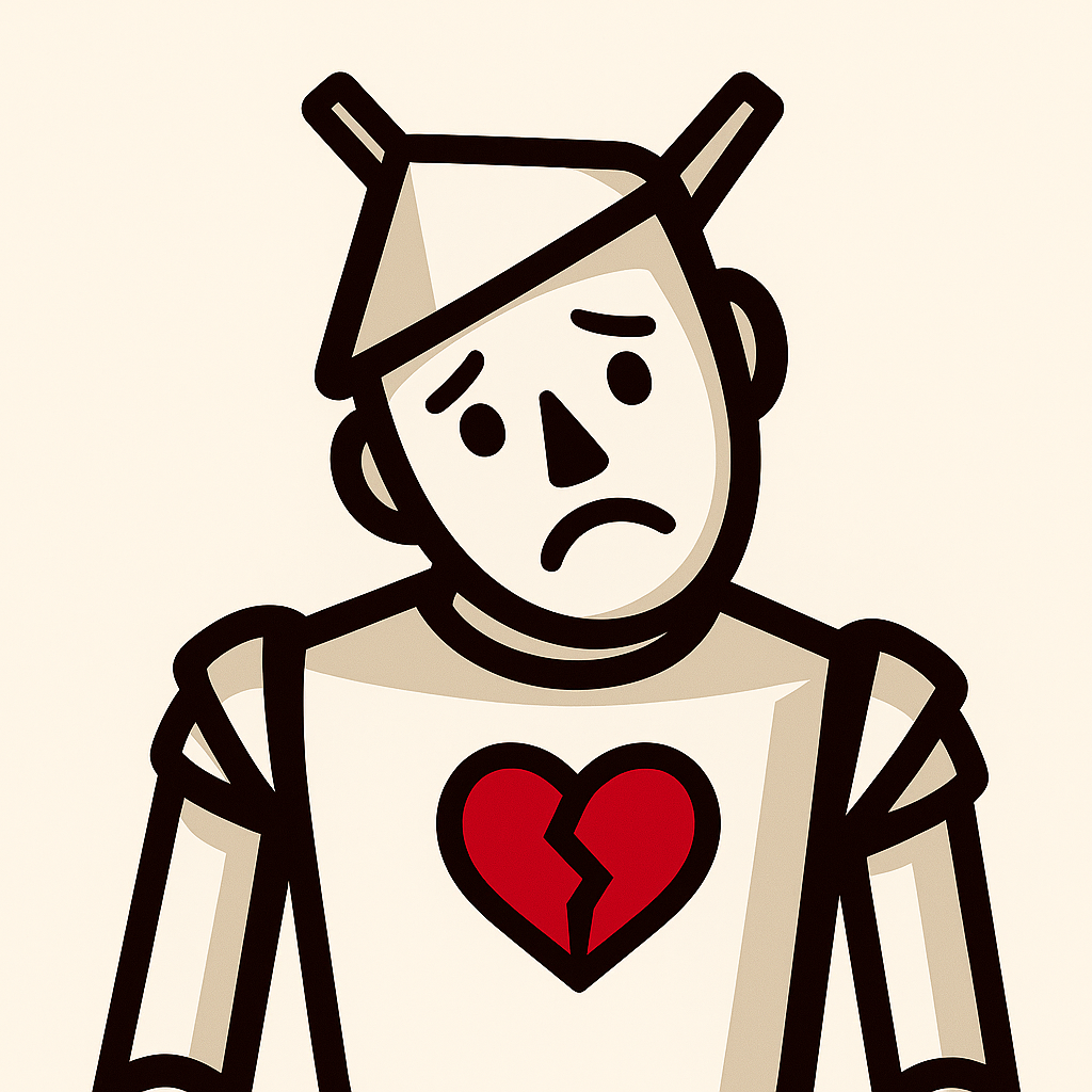 Trauriger Blechmann mit zerbrochenem Herzen Minimalistische, schematische Blechmann-Figur mit traurigem Gesicht und gebrochenem roten Herz auf dem Rumpf